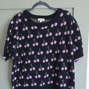 ON 34th Navy Sweater Top with Purple Cherry Motif